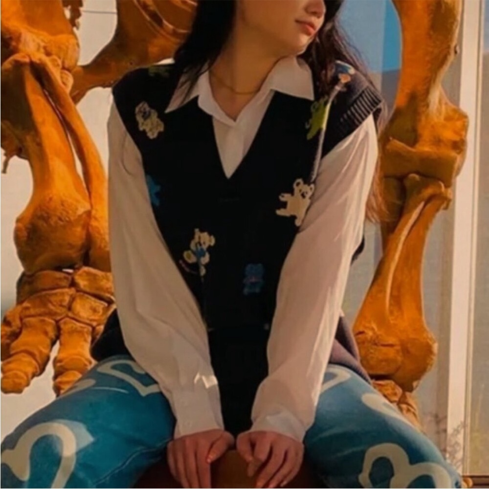 Cider Teddy Bear Sweater Vest Women's Sizeโ med Oversized Wool V-Neck Pullover